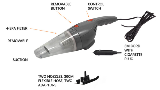 DC12V पोर्टेबल कार वैक्यूम क्लीनर एक वर्ष की वारंटी के साथ HEPA फ़िल्टर